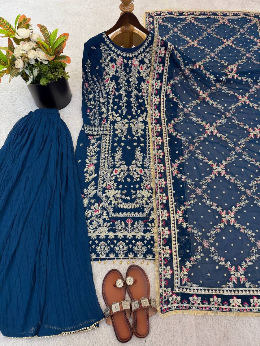 Blue Heavy Faux Georgette Embroidery Sequins Stone Wedding Festival Party Reday Palazzo Pant Salwar Kameez