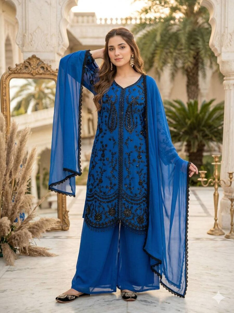 Blue Heavy Faux Georgette Embroidery Sequins Stone Work Wedding Party Festival Casual Ready Palazzo Pant Salwar Kameez