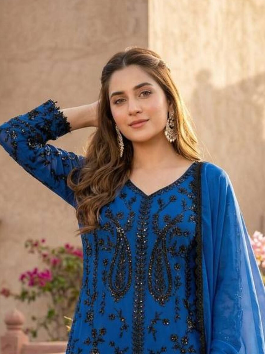 Blue Heavy Faux Georgette Embroidery Sequins Stone Work Wedding Party Festival Casual Ready Palazzo Pant Salwar Kameez