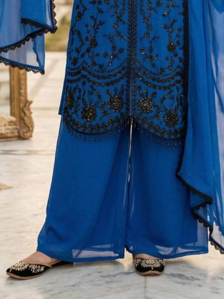 Blue Heavy Faux Georgette Embroidery Sequins Stone Work Wedding Party Festival Casual Ready Palazzo Pant Salwar Kameez