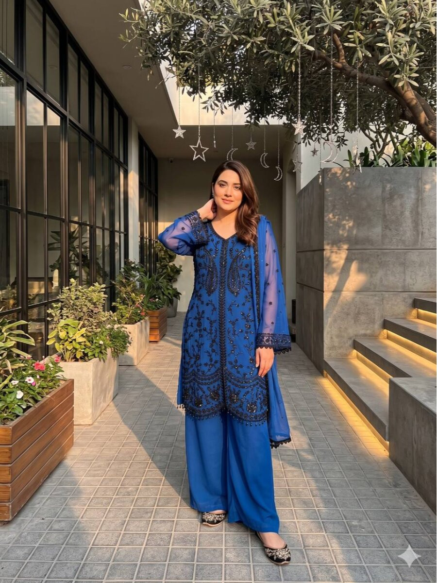 Blue Heavy Faux Georgette Embroidery Sequins Stone Work Wedding Party Festival Casual Ready Palazzo Pant Salwar Kameez