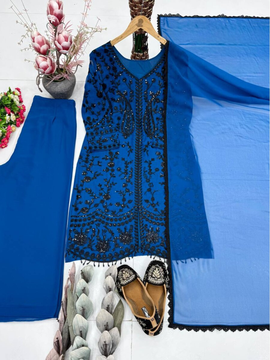 Blue Heavy Faux Georgette Embroidery Sequins Stone Work Wedding Party Festival Casual Ready Palazzo Pant Salwar Kameez