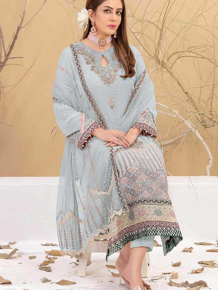 Blue Heavy Fox Georgette Embroidered Festival Casual Pant Salwar Kameez