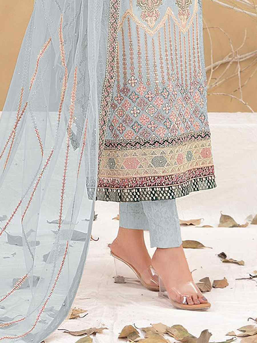 Blue Heavy Fox Georgette Embroidered Festival Casual Pant Salwar Kameez