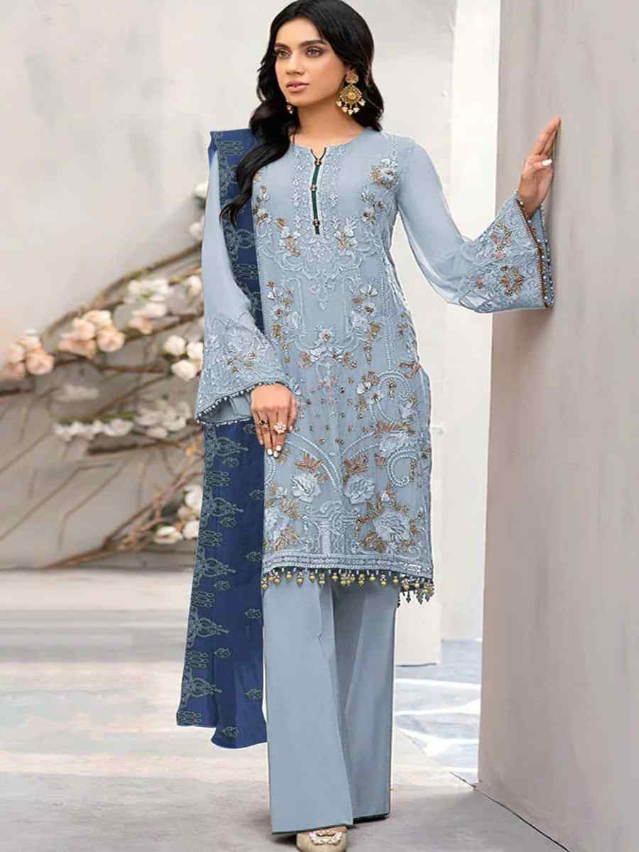 Blue Heavy Fox Georgette Embroidered Festival Casual Pant Salwar Kameez