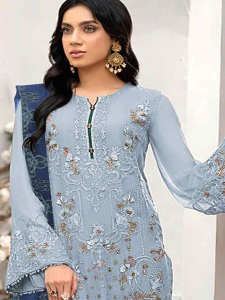 Blue Heavy Fox Georgette Embroidered Festival Casual Pant Salwar Kameez