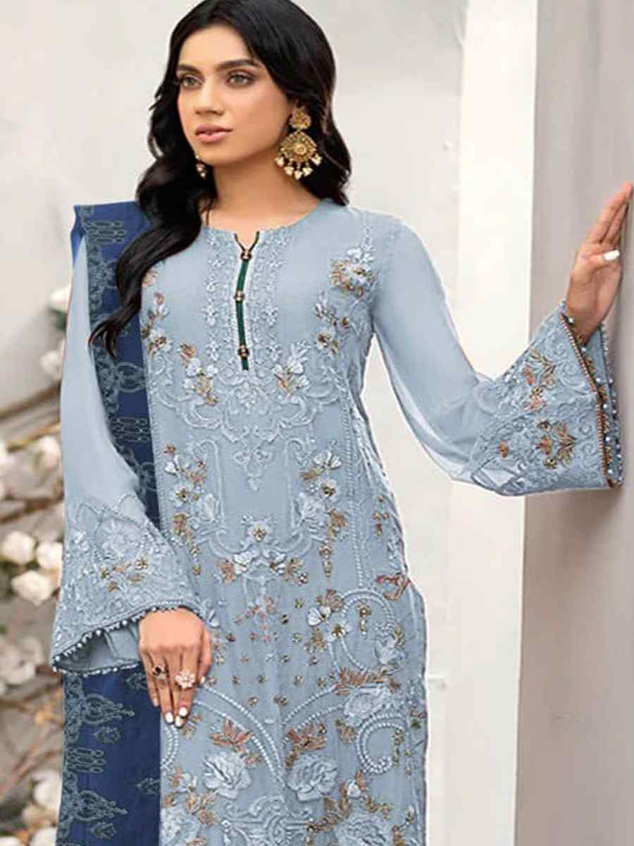 Blue Heavy Fox Georgette Embroidered Festival Casual Pant Salwar Kameez