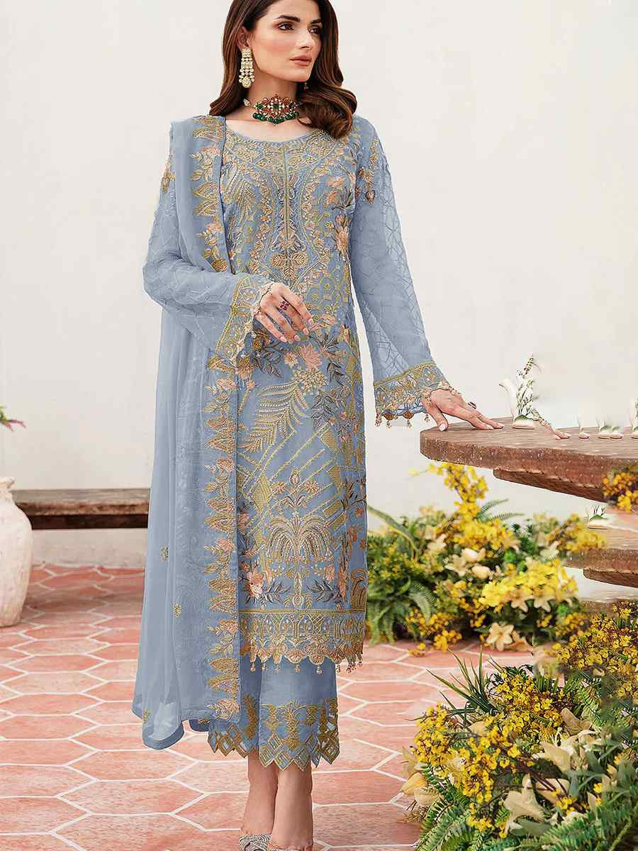 Blue Heavy Fox Georgette Embroidered Festival Casual Pant Salwar Kameez