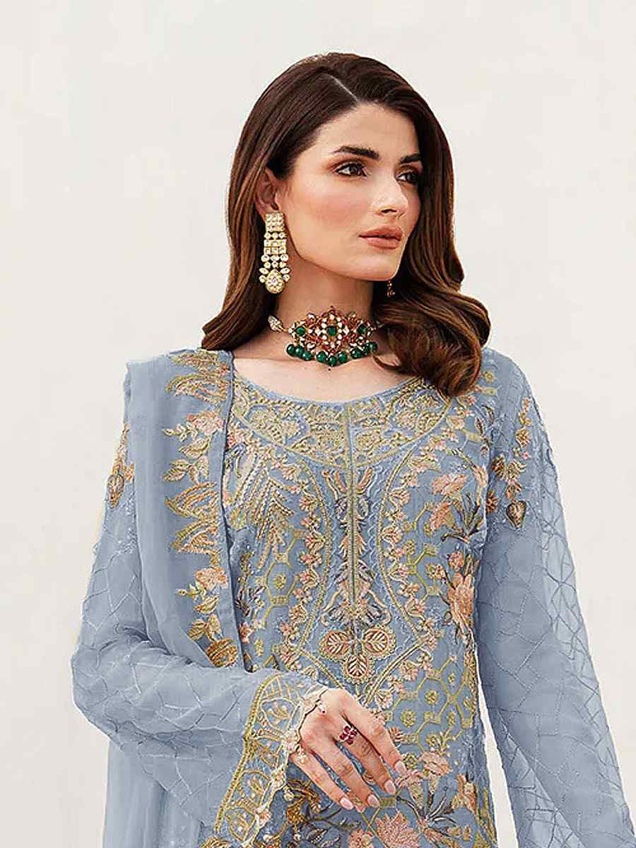 Blue Heavy Fox Georgette Embroidered Festival Casual Pant Salwar Kameez