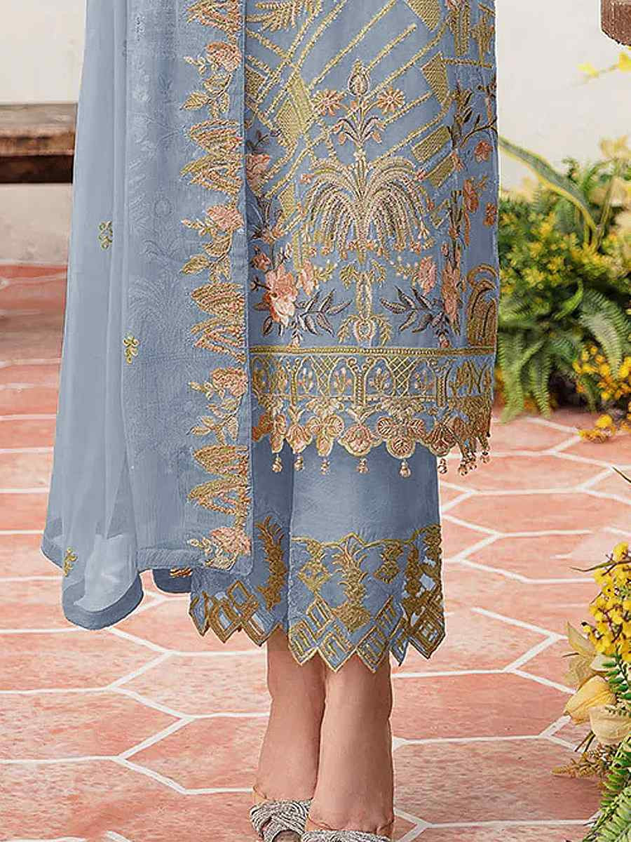 Blue Heavy Fox Georgette Embroidered Festival Casual Pant Salwar Kameez