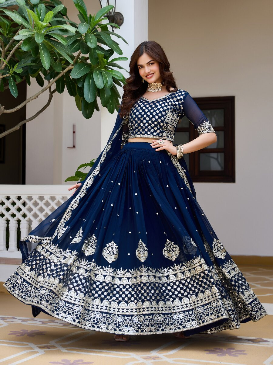 Blue Heavy Fox Georgette Embroidery Zari Sequins Wedding Reception Festival Ready Heavy Border Lehenga Choli