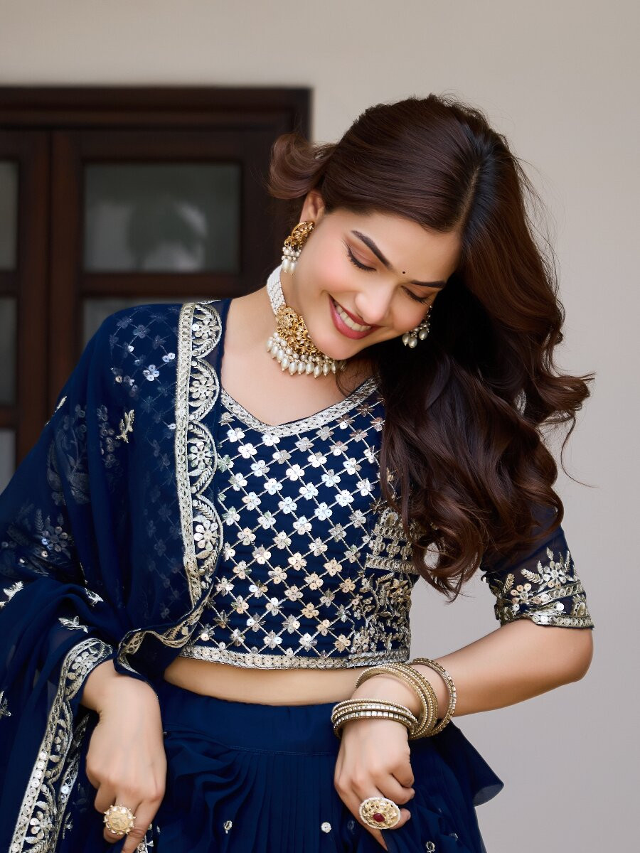 Blue Heavy Fox Georgette Embroidery Zari Sequins Wedding Reception Festival Ready Heavy Border Lehenga Choli