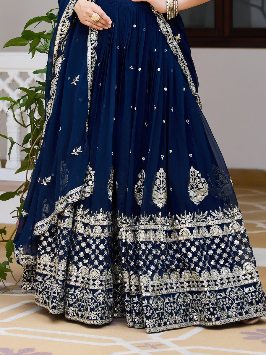 Blue Heavy Fox Georgette Embroidery Zari Sequins Wedding Reception Festival Ready Heavy Border Lehenga Choli