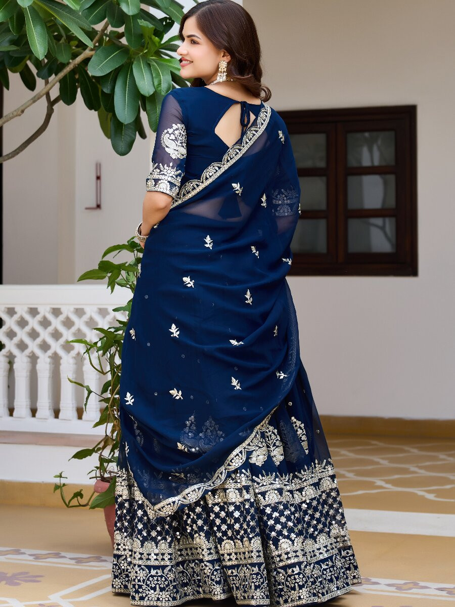 Blue Heavy Fox Georgette Embroidery Zari Sequins Wedding Reception Festival Ready Heavy Border Lehenga Choli