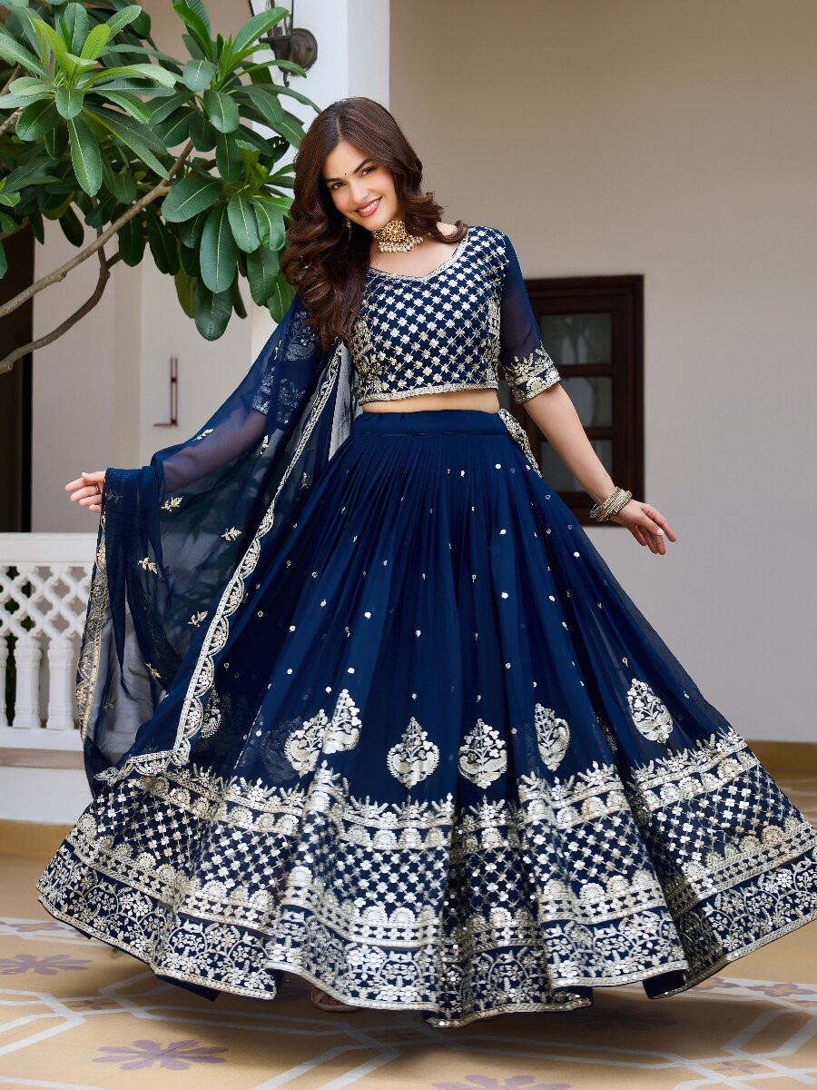 Blue Heavy Fox Georgette Embroidery Zari Sequins Wedding Reception Festival Ready Heavy Border Lehenga Choli