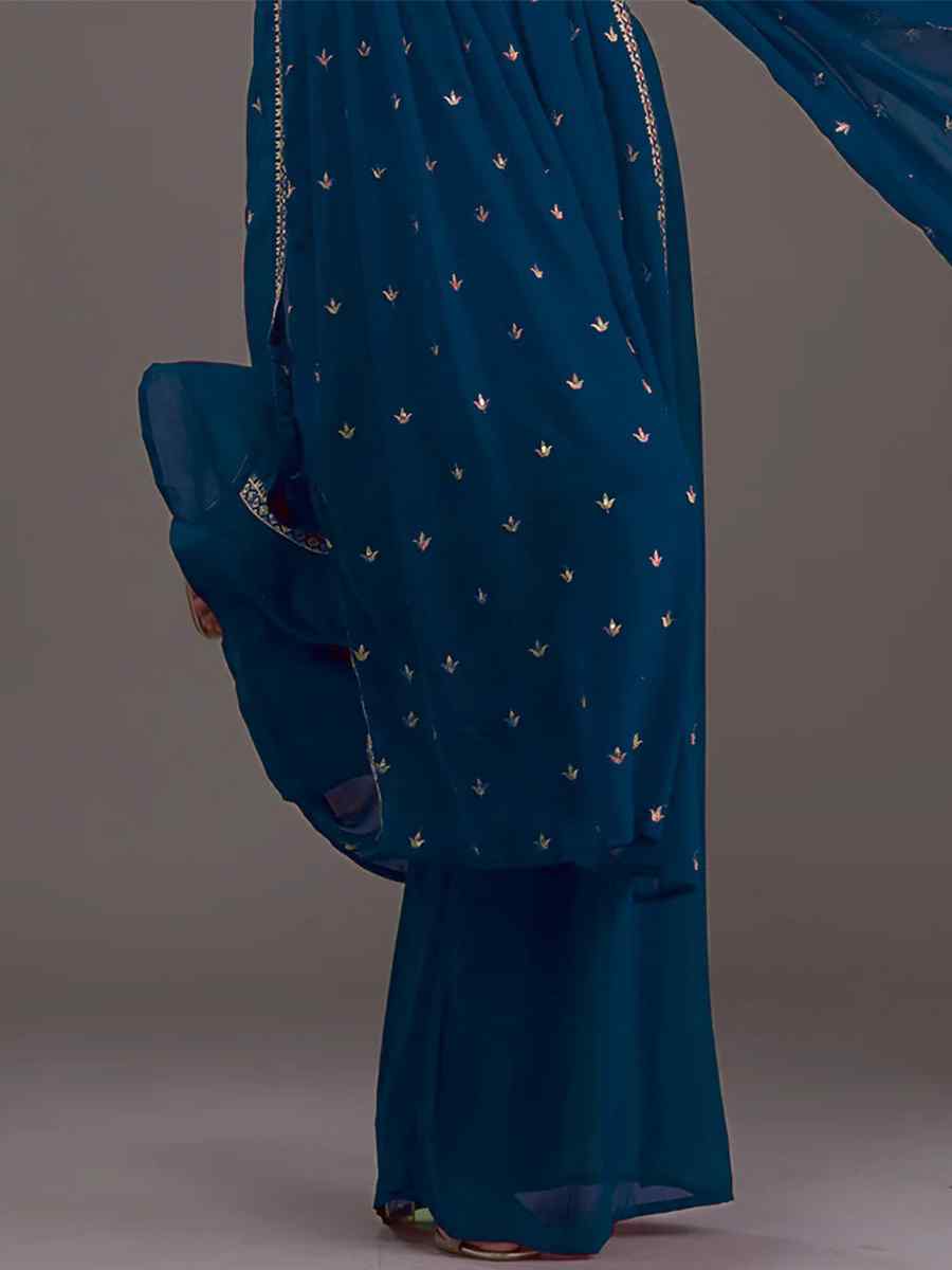Blue Heavy Georgette Embroidered Festival Mehendi Ready Sharara Pant Salwar Kameez