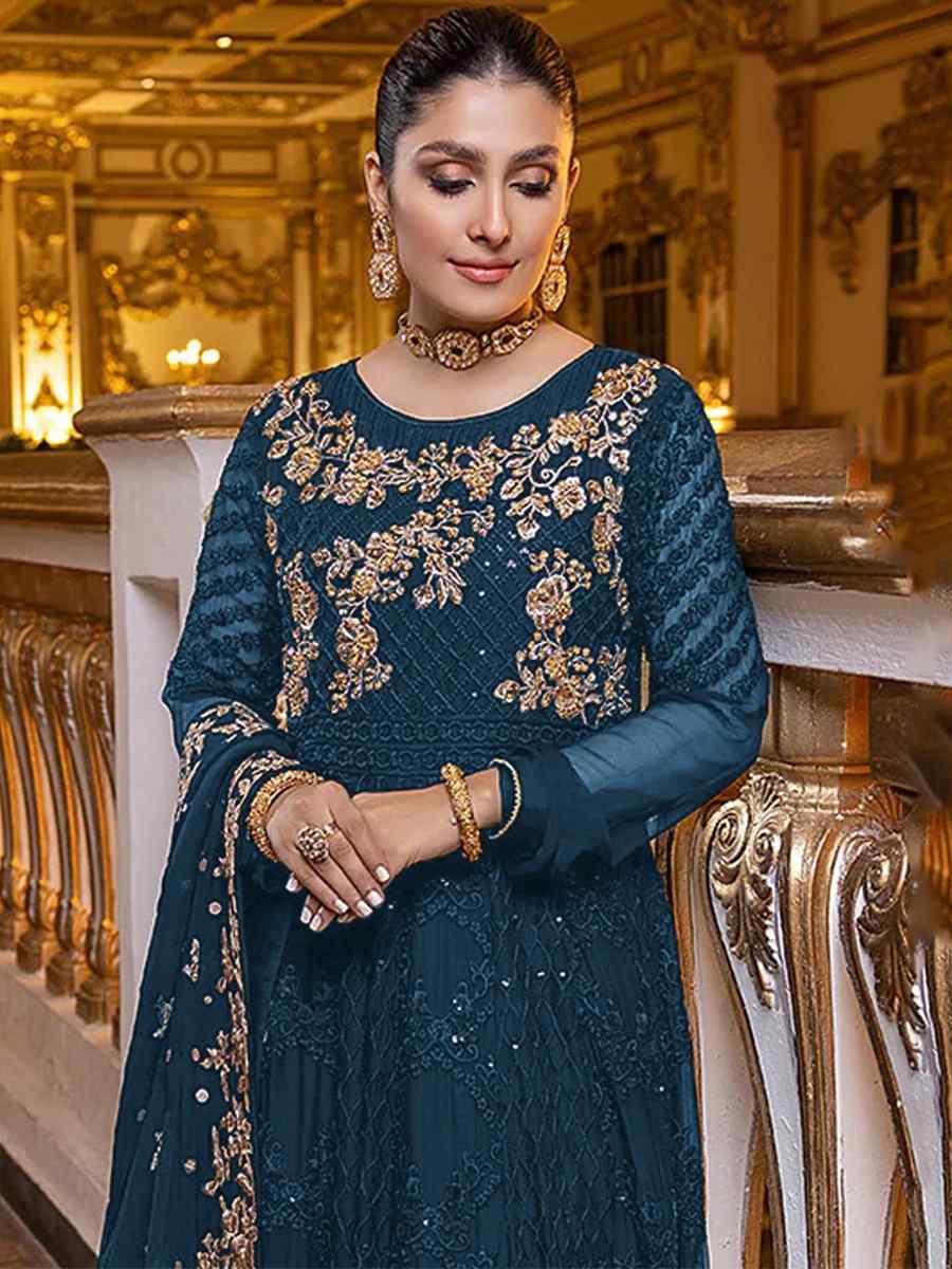 Blue Heavy Georgette Embroidered Festival Party Pant Salwar Kameez