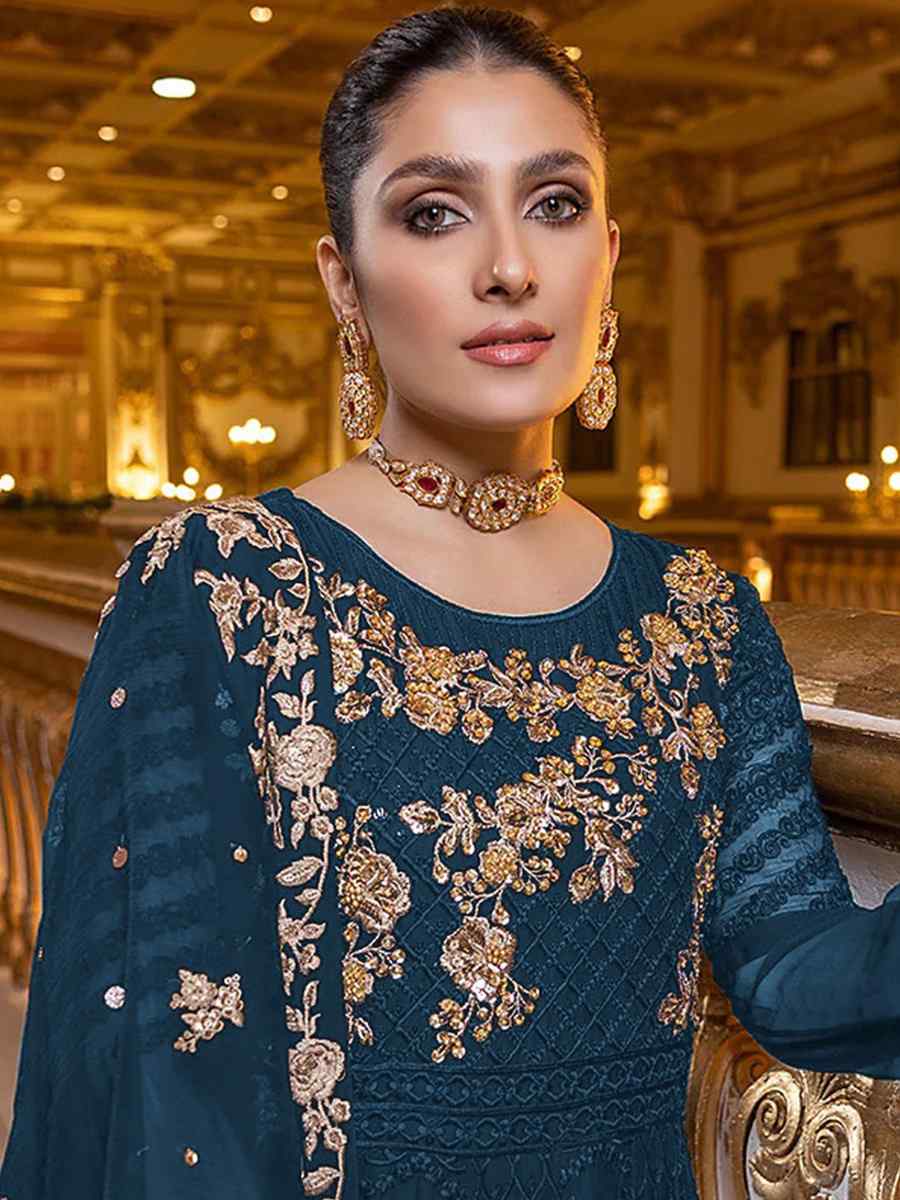 Blue Heavy Georgette Embroidered Festival Party Pant Salwar Kameez
