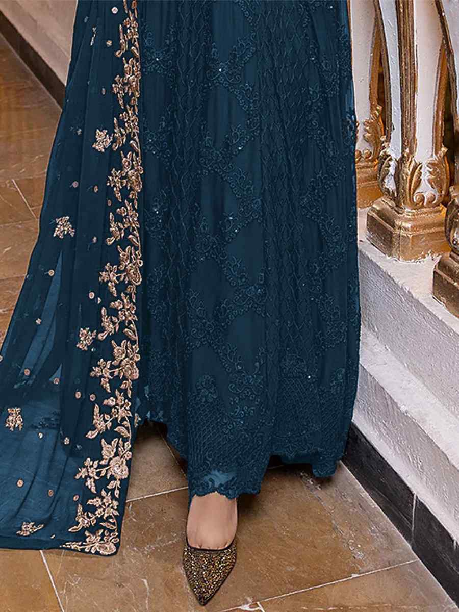 Blue Heavy Georgette Embroidered Festival Party Pant Salwar Kameez