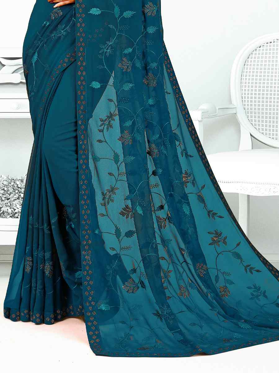 Blue Heavy Georgette Embroidered Wedding Festival Classic Style Saree