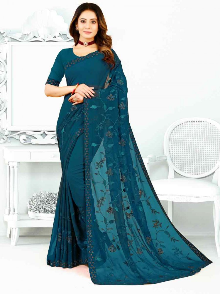 Blue Heavy Georgette Embroidered Wedding Festival Classic Style Saree