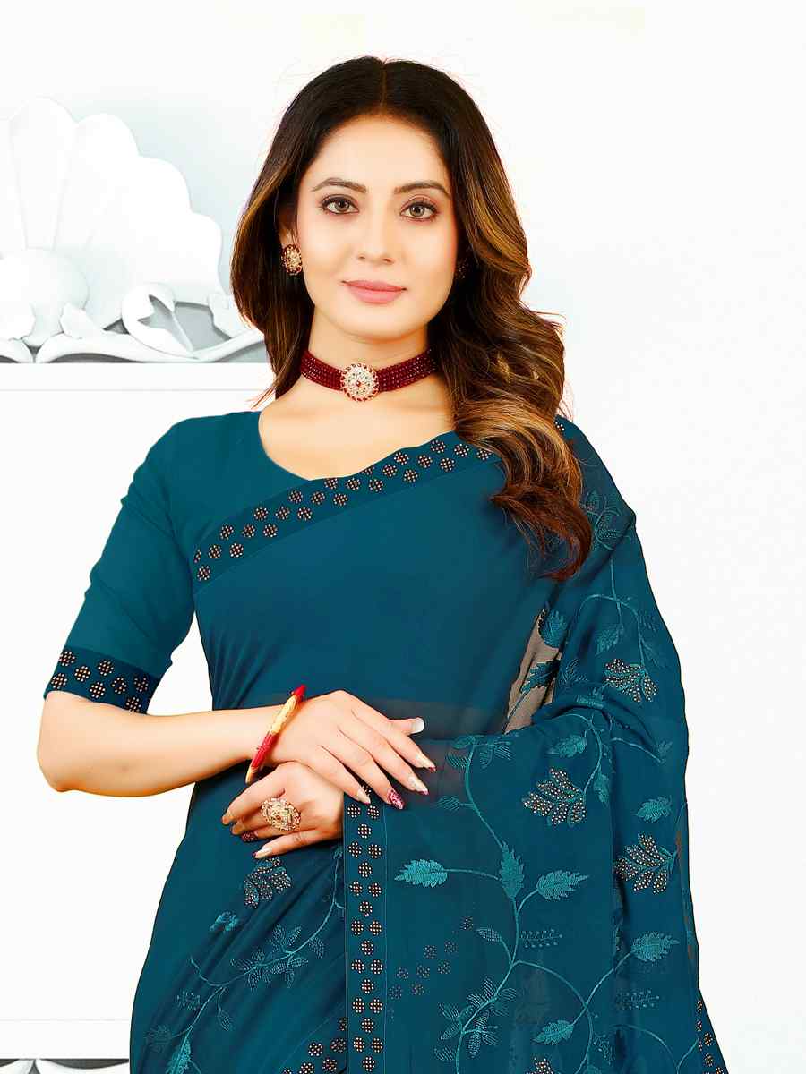 Blue Heavy Georgette Embroidered Wedding Festival Classic Style Saree