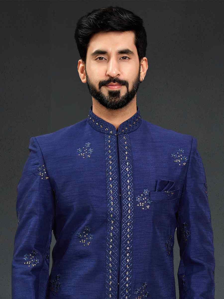 Blue Heavy Imported Silk Woven Groom Wedding Sherwani