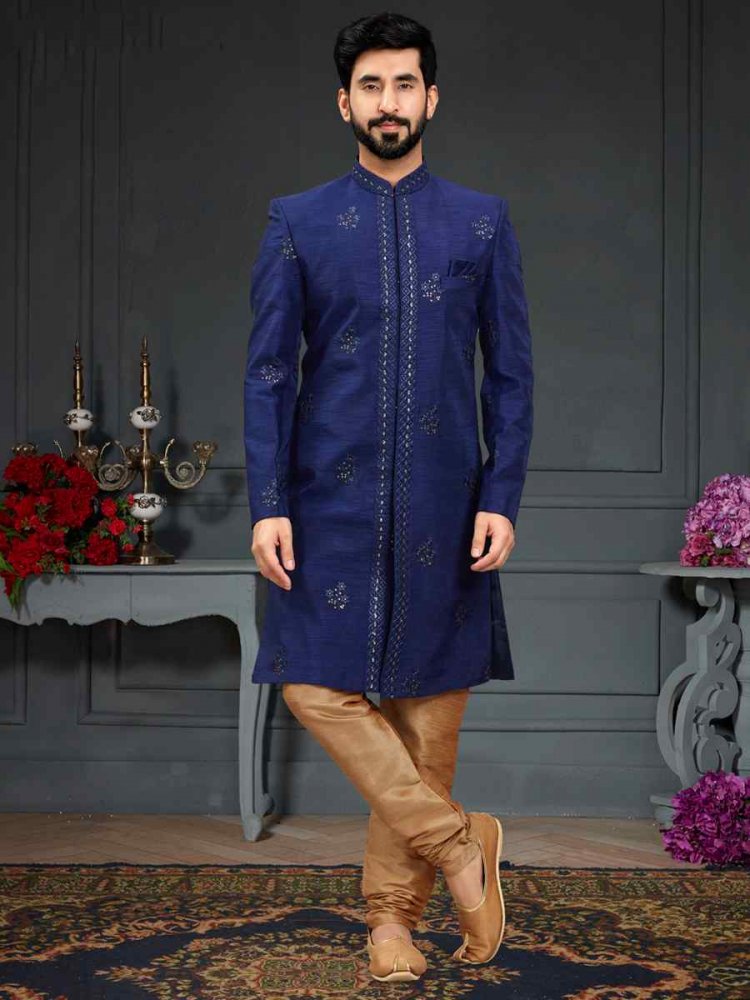 Blue Heavy Imported Silk Woven Groom Wedding Sherwani