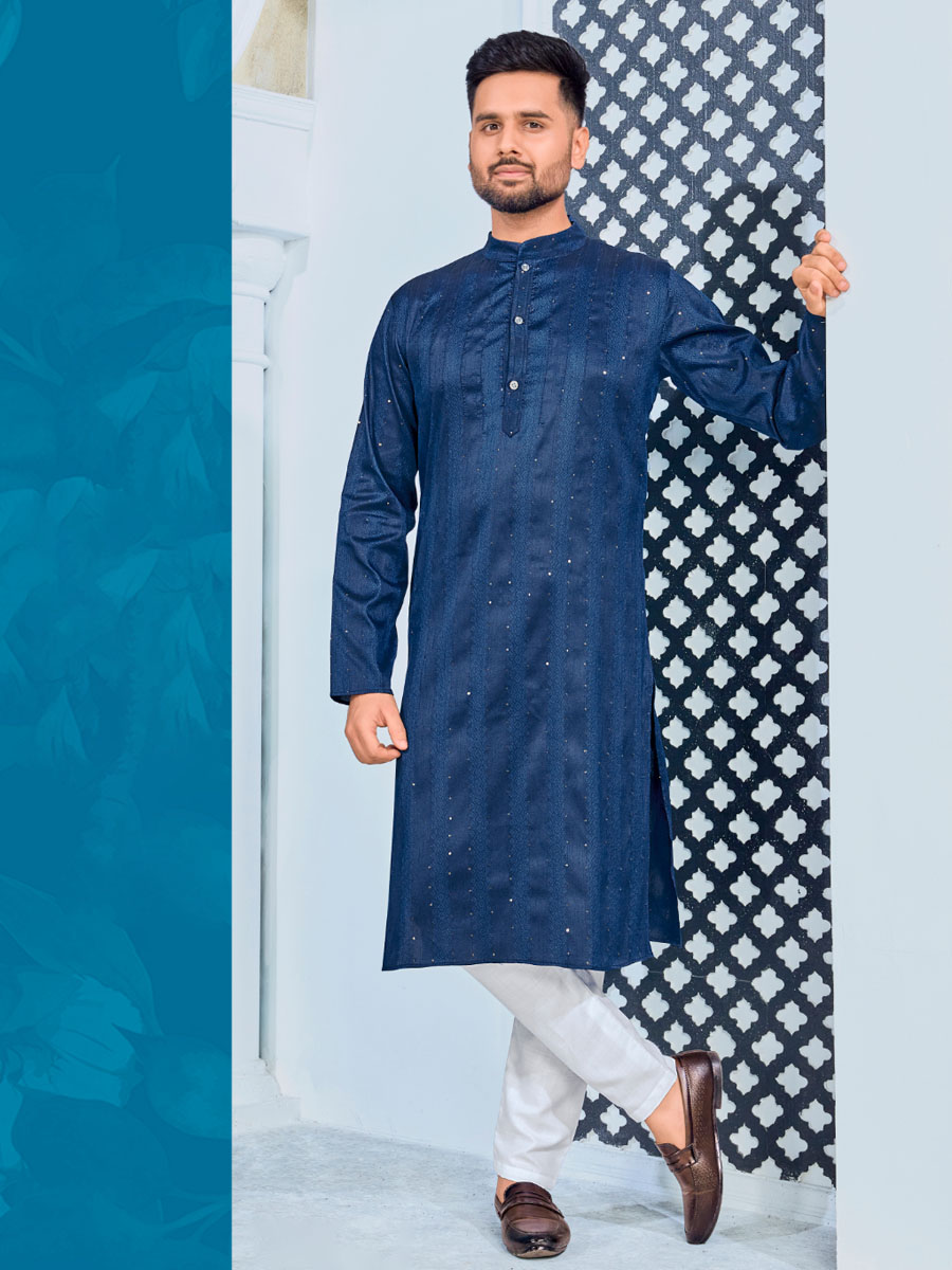 Blue Heavy Jacquard Silk Woven Festival Party Kurta