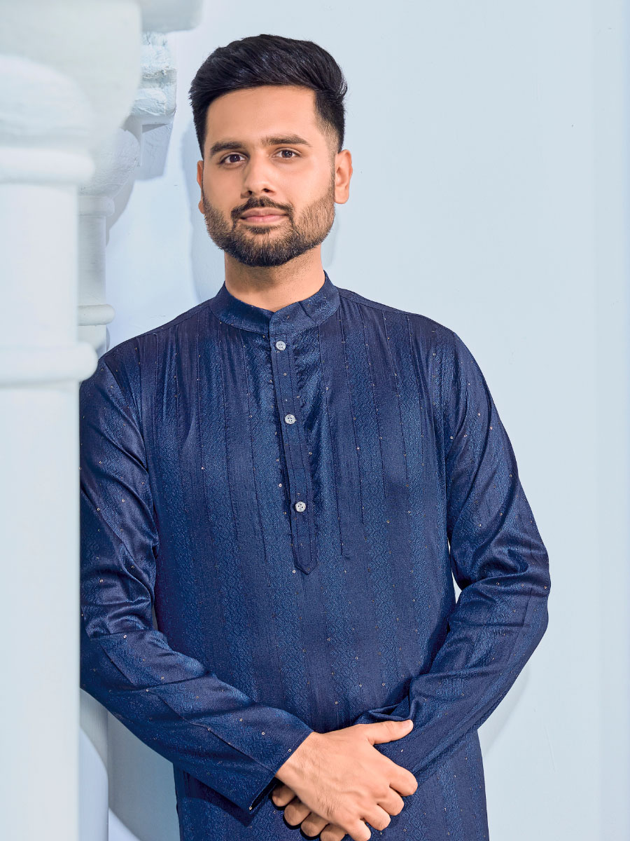 Blue Heavy Jacquard Silk Woven Festival Party Kurta