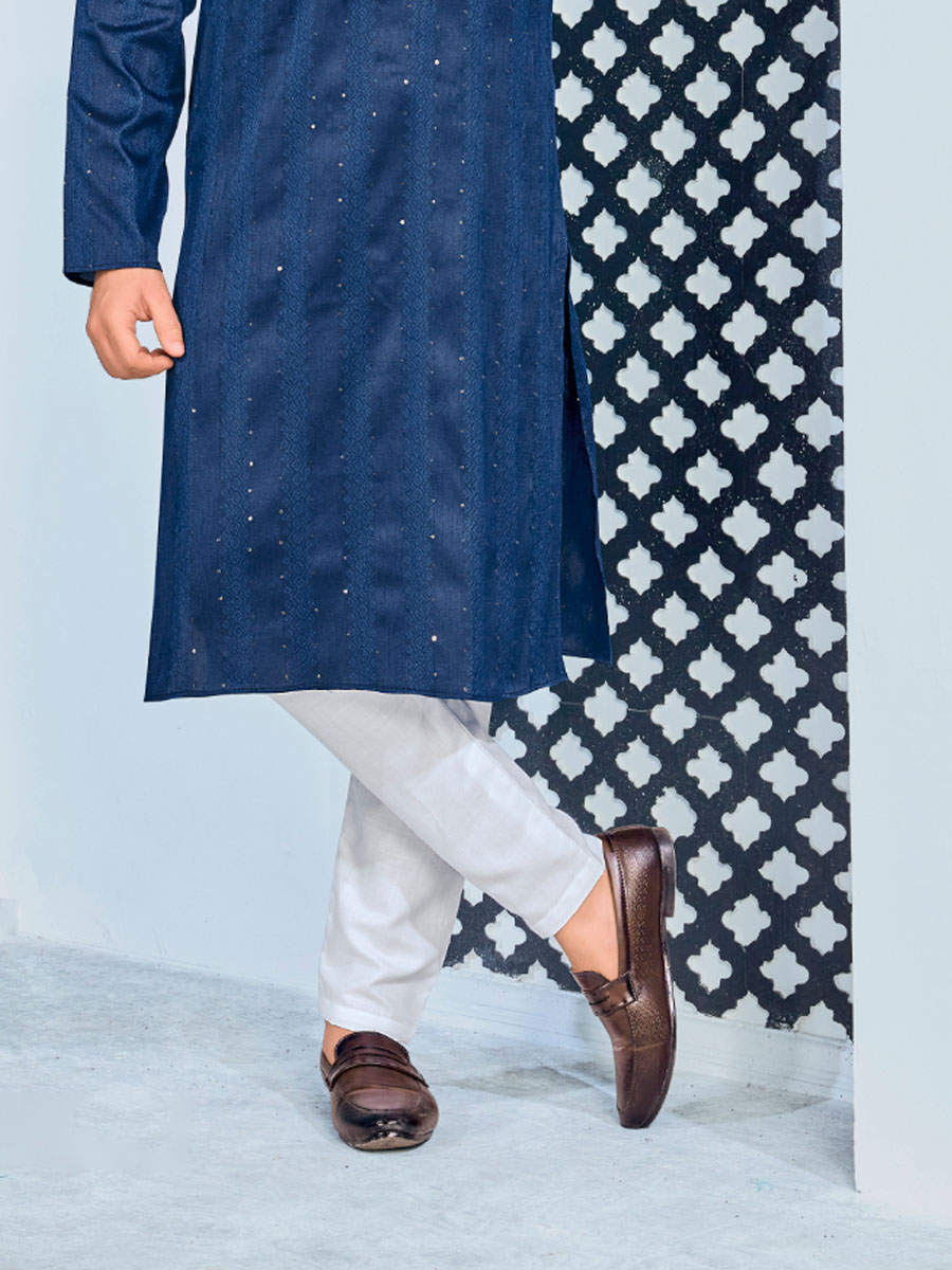 Blue Heavy Jacquard Silk Woven Festival Party Kurta