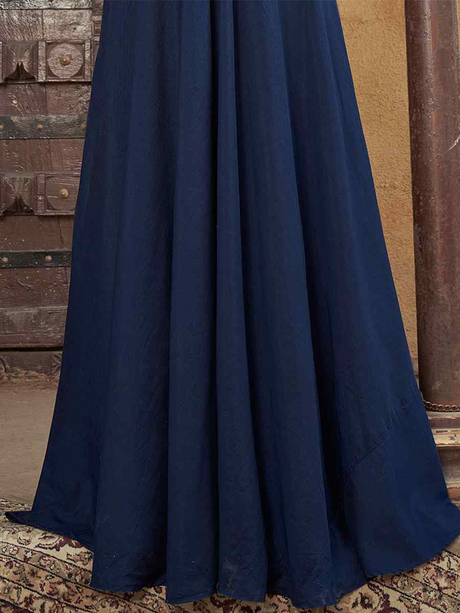 Blue Heavy Maslin Embroidered Festival Party Gown