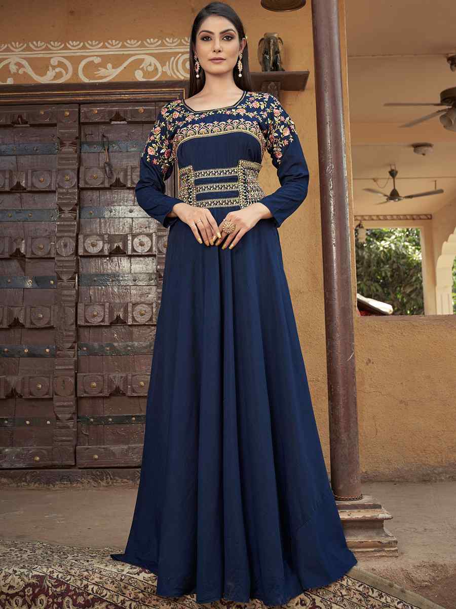 Blue Heavy Maslin Embroidered Festival Party Gown