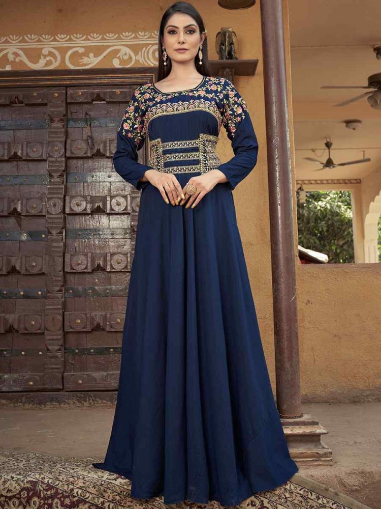 Blue Heavy Maslin Embroidered Festival Party Gown