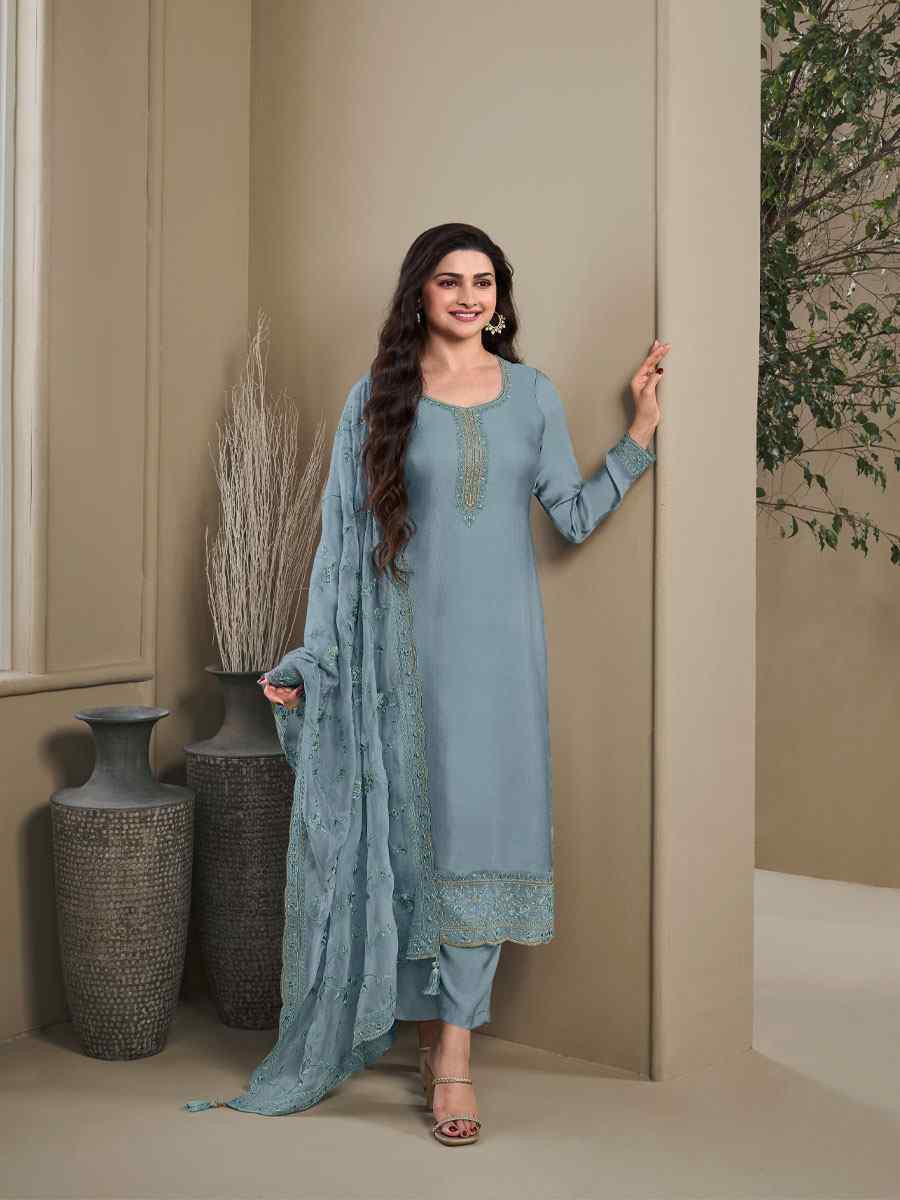 Blue Heavy Natural Crep Embroidered Festival Wedding Pant Salwar Kameez
