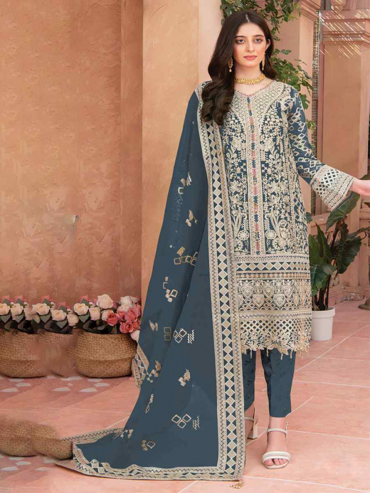Blue Heavy Organza Embroidered Festival Casual Pant Salwar Kameez