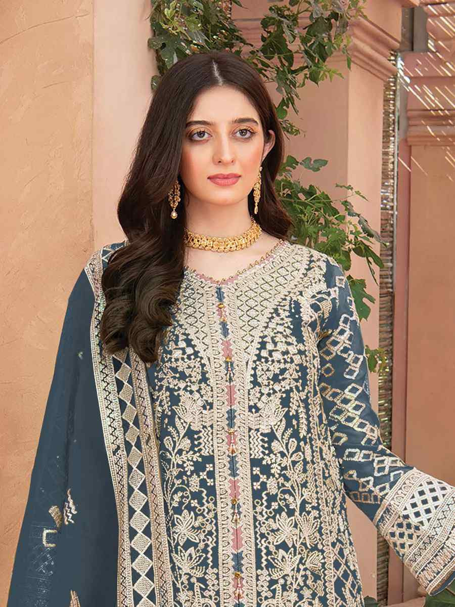 Blue Heavy Organza Embroidered Festival Casual Pant Salwar Kameez