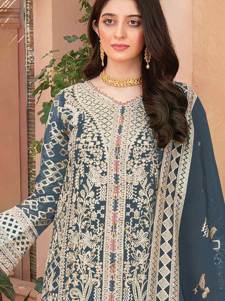 Blue Heavy Organza Embroidered Festival Casual Pant Salwar Kameez