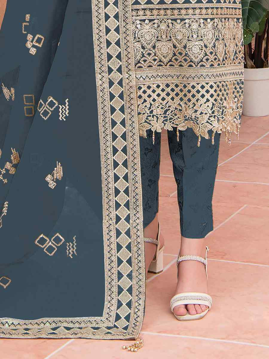 Blue Heavy Organza Embroidered Festival Casual Pant Salwar Kameez