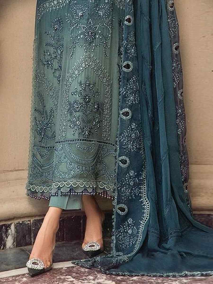 Blue Heavy Organza Embroidered Festival Wedding Pant Salwar Kameez