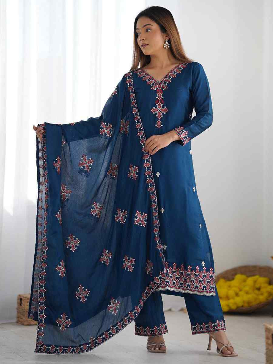 Blue Heavy Pure Chinon Silk Embroidered Party Wedding Ready pant Salwar Kameez