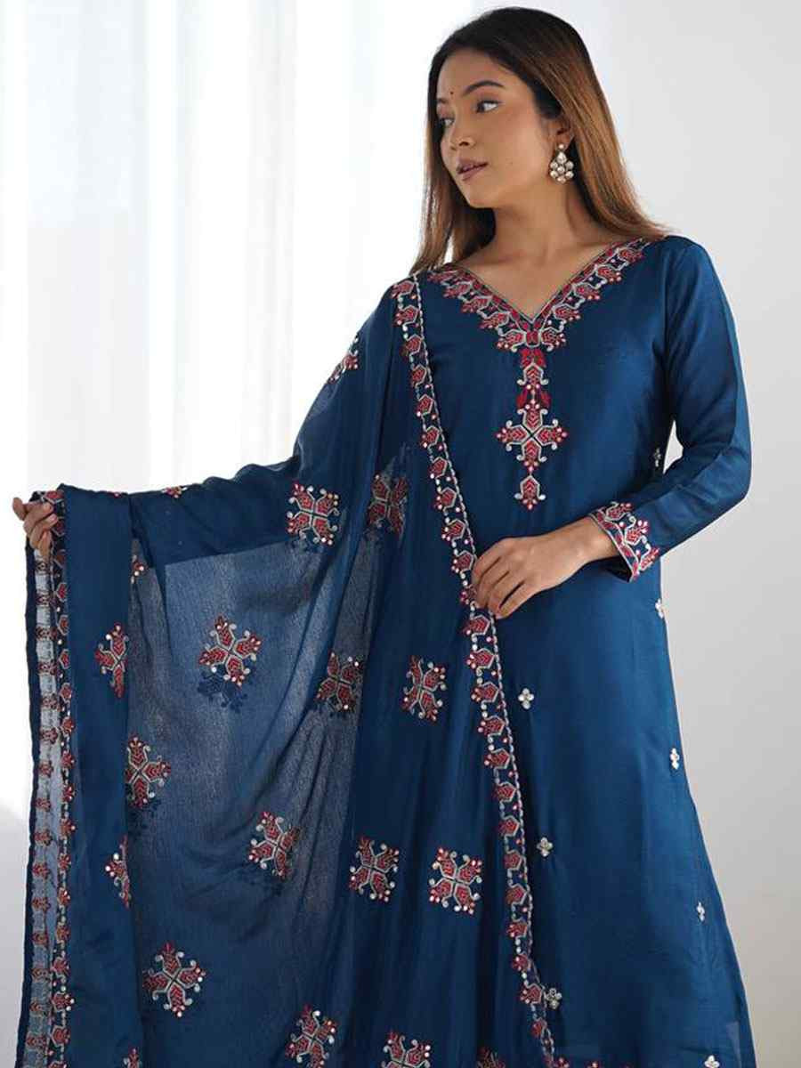 Blue Heavy Pure Chinon Silk Embroidered Party Wedding Ready pant Salwar Kameez