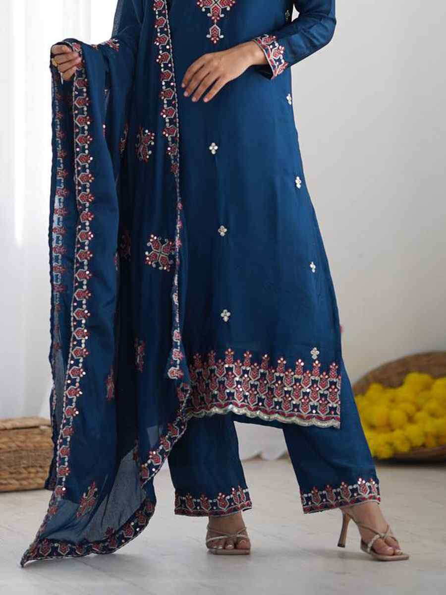 Blue Heavy Pure Chinon Silk Embroidered Party Wedding Ready pant Salwar Kameez