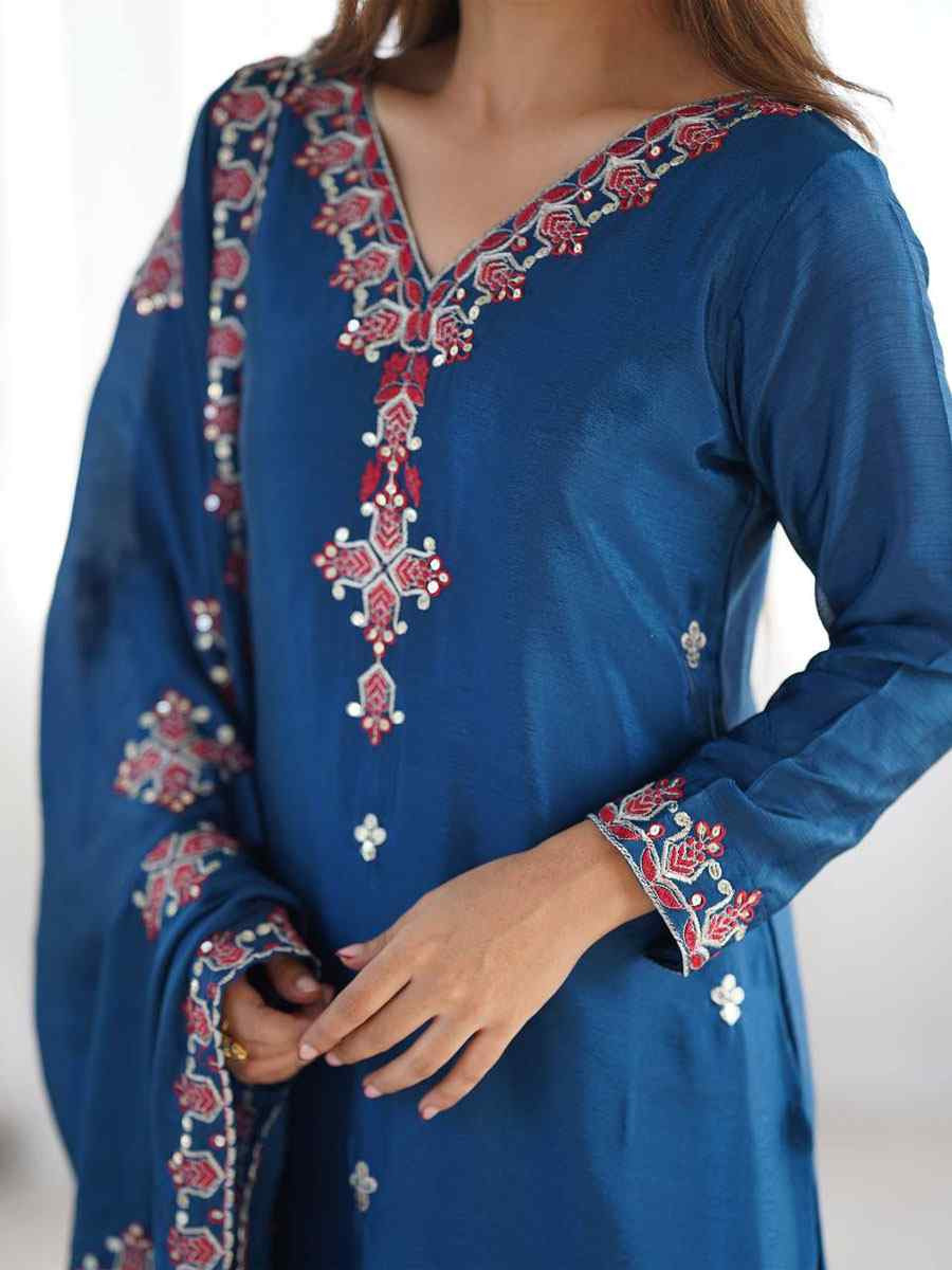 Blue Heavy Pure Chinon Silk Embroidered Party Wedding Ready pant Salwar Kameez