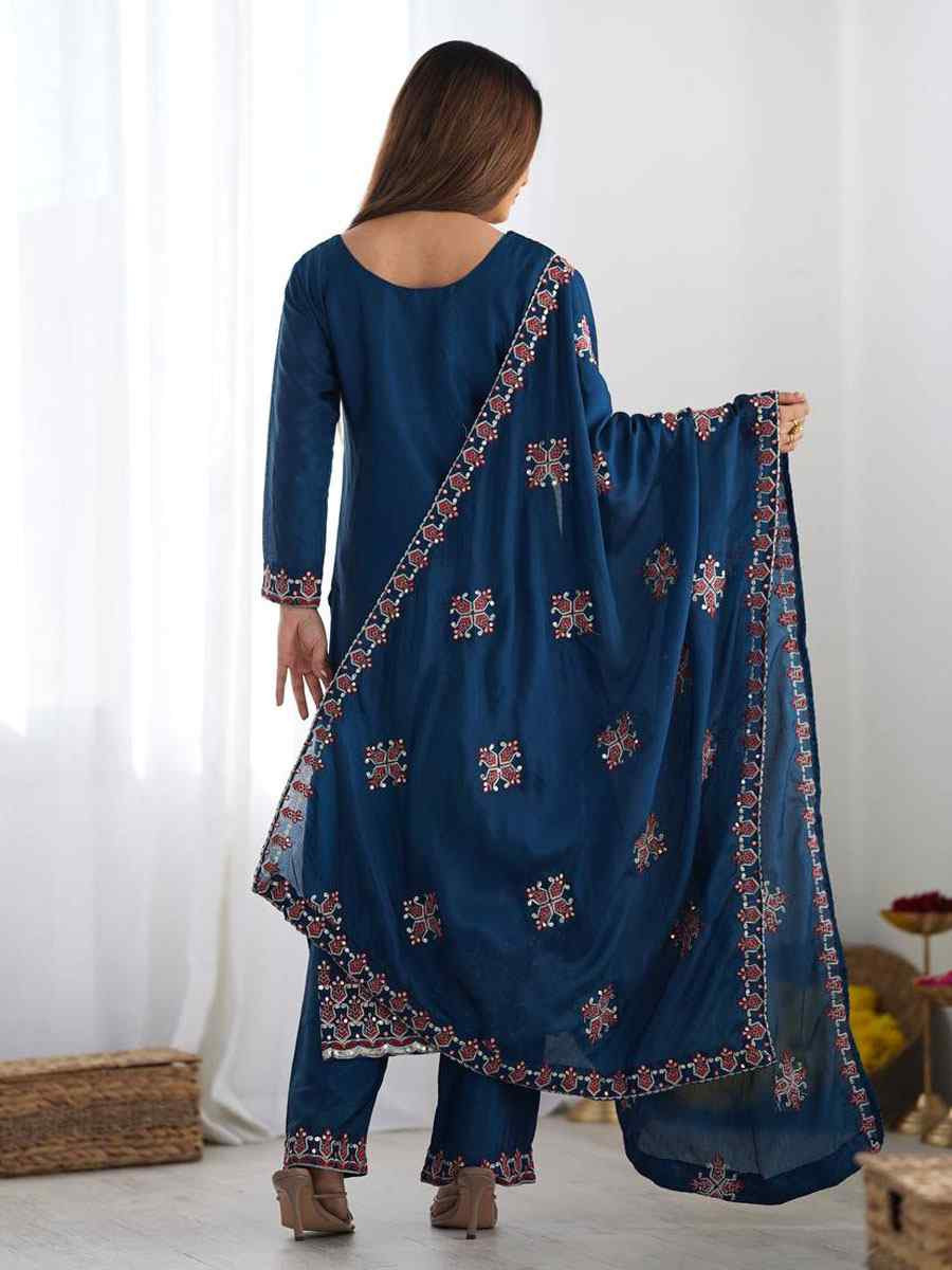 Blue Heavy Pure Chinon Silk Embroidered Party Wedding Ready pant Salwar Kameez