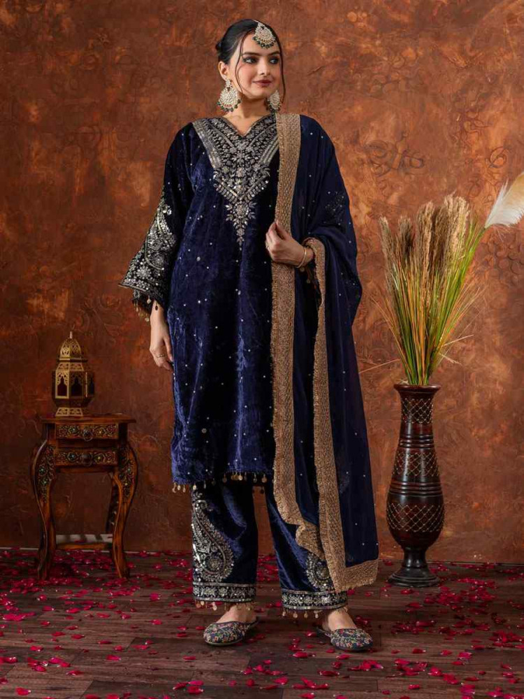 Image of Blue Heavy Pure Viscose Velvet Embroidery Party Wedding Festival Casual Ready Pant Salwar Kameez