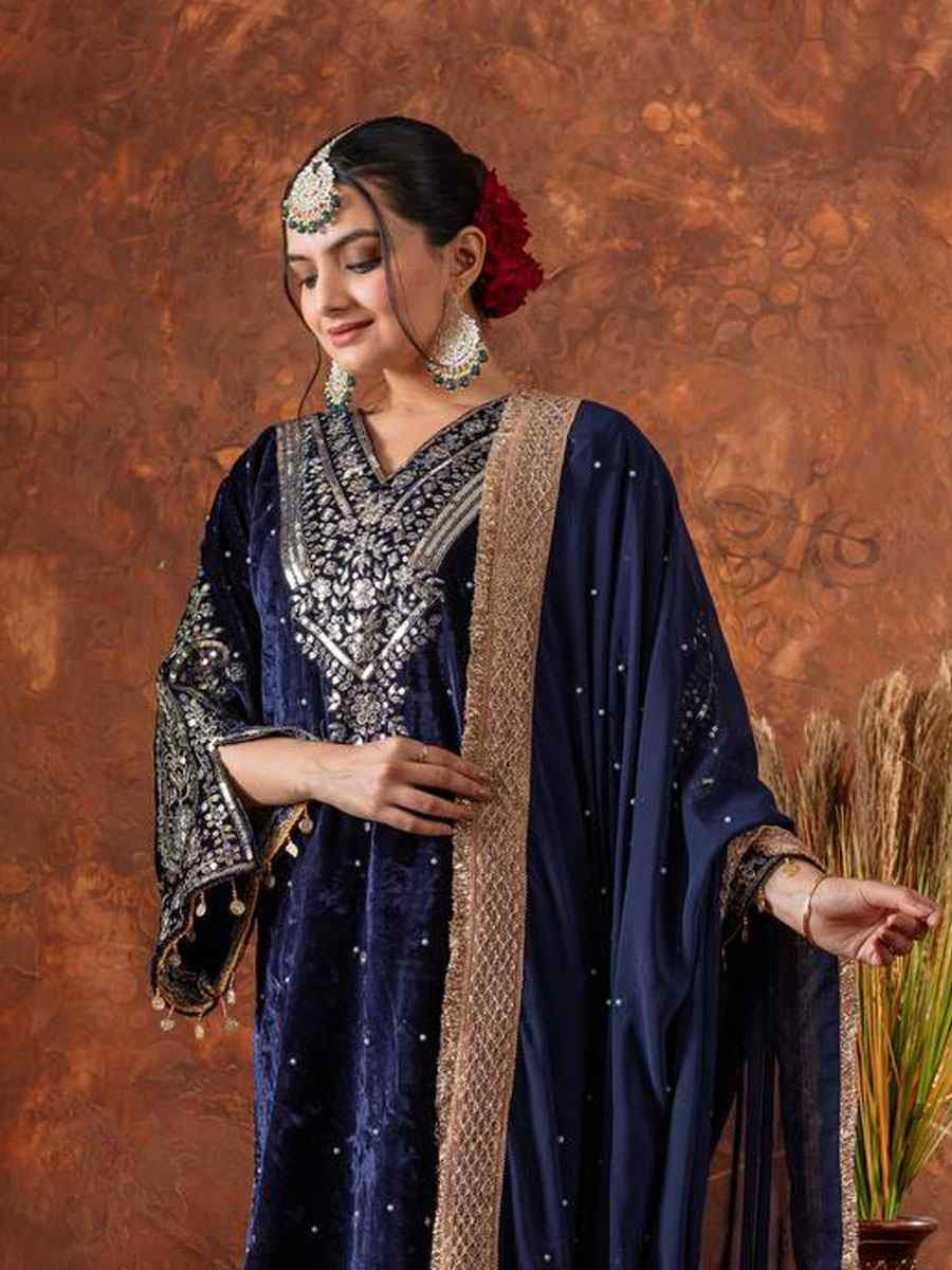 Blue Heavy Pure Viscose Velvet Embroidery Party Wedding Festival Casual Ready Pant Salwar Kameez