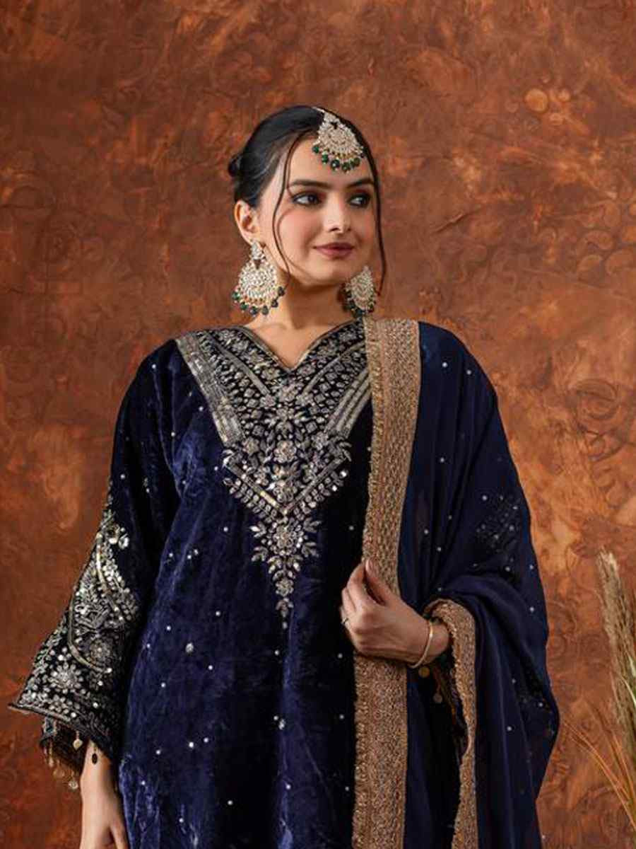 Blue Heavy Pure Viscose Velvet Embroidery Party Wedding Festival Casual Ready Pant Salwar Kameez