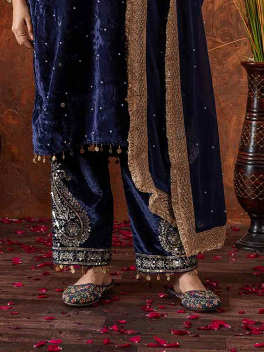Blue Heavy Pure Viscose Velvet Embroidery Party Wedding Festival Casual Ready Pant Salwar Kameez