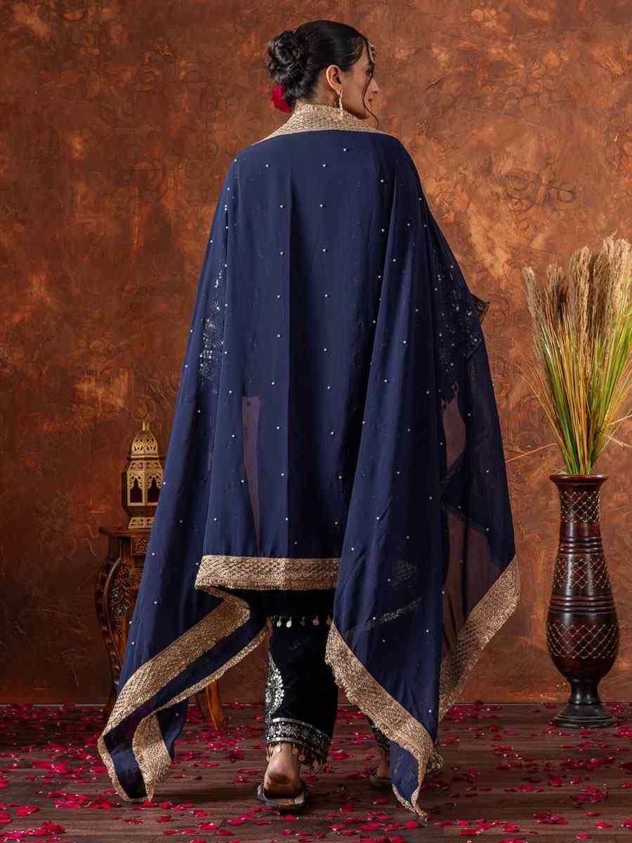 Blue Heavy Pure Viscose Velvet Embroidery Party Wedding Festival Casual Ready Pant Salwar Kameez
